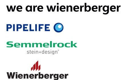 Logo we are wienerberger ispod kojeg se nalazi logo Pipelife, Semmelrock i Wienerberger. Svi skupa predstavljaju grupu Wienerberger.