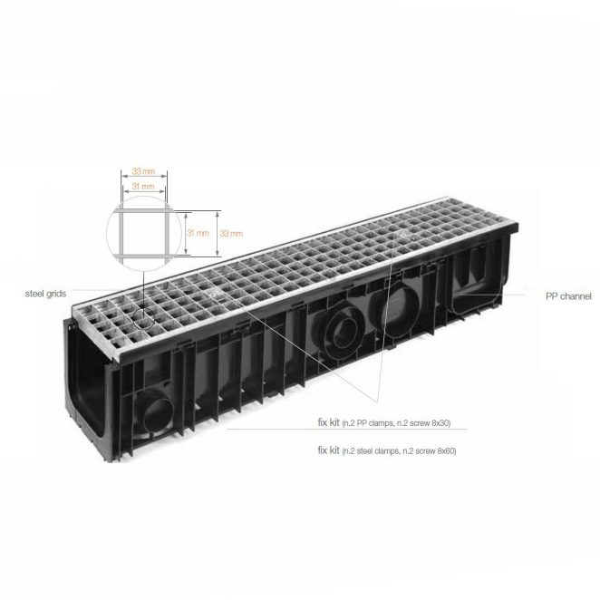 Line drainage channel with steel grids