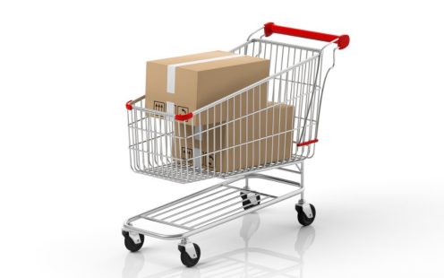 Boxes closed in a shopping cart with red details isolated on white background. 3d illustration